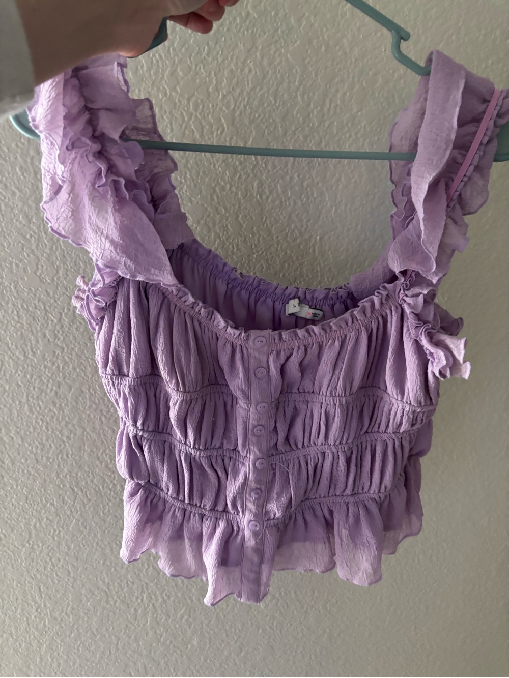 Lush Lavender Ruffle Smocked Button-Front Crop Top